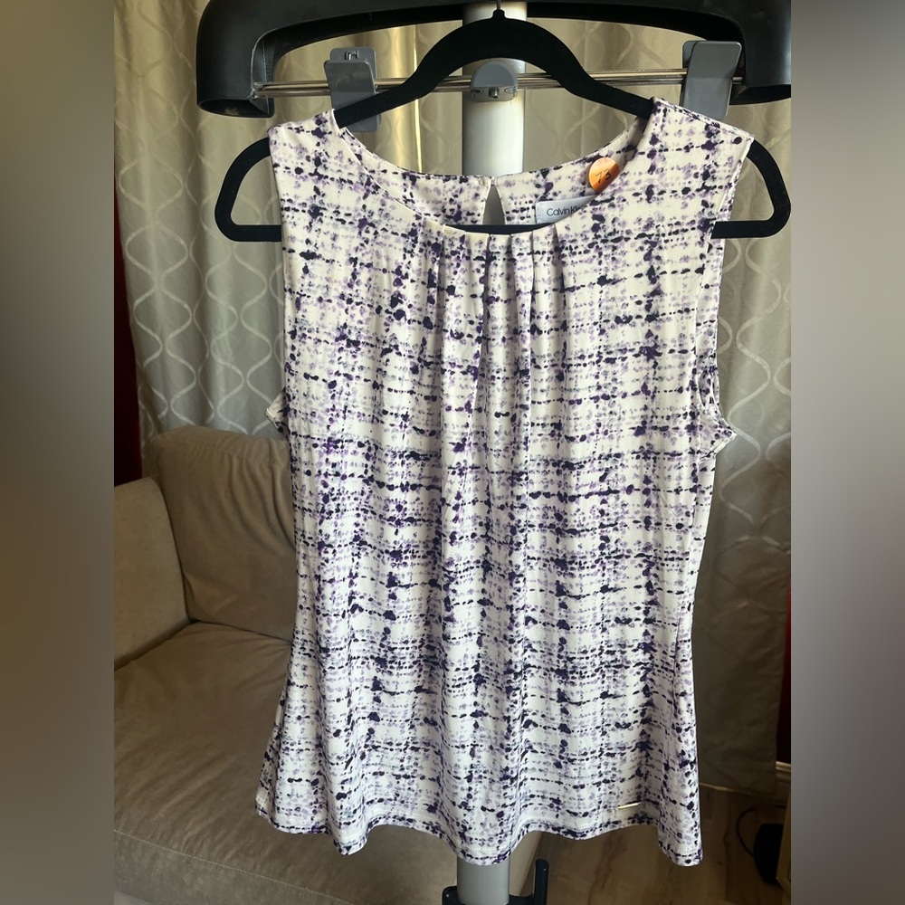 Calvin Klein Purple White Pleated Career Top Blouson